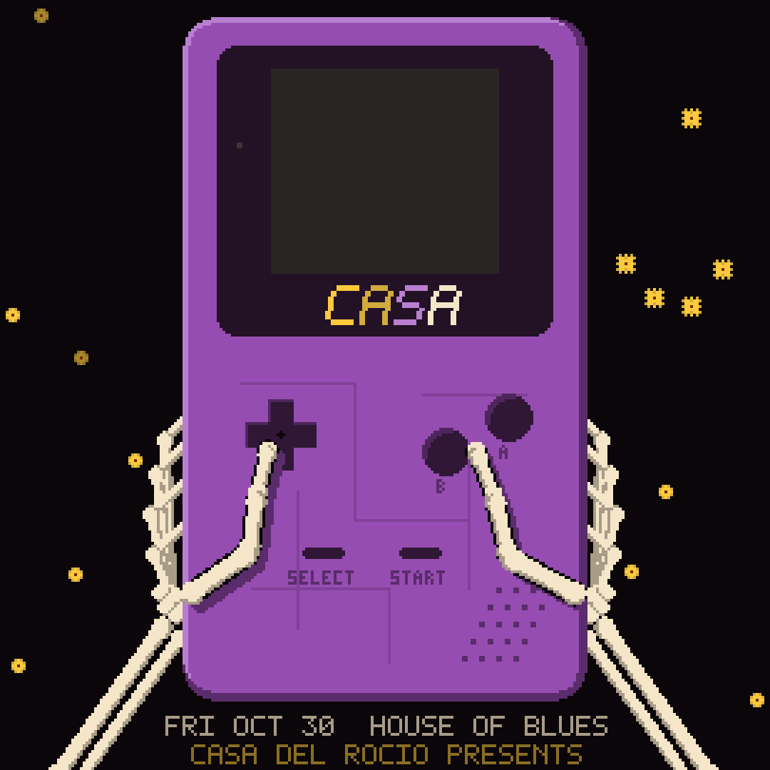 CASA BOY, a purple handheld game console showing a DJ booth at House of Blues